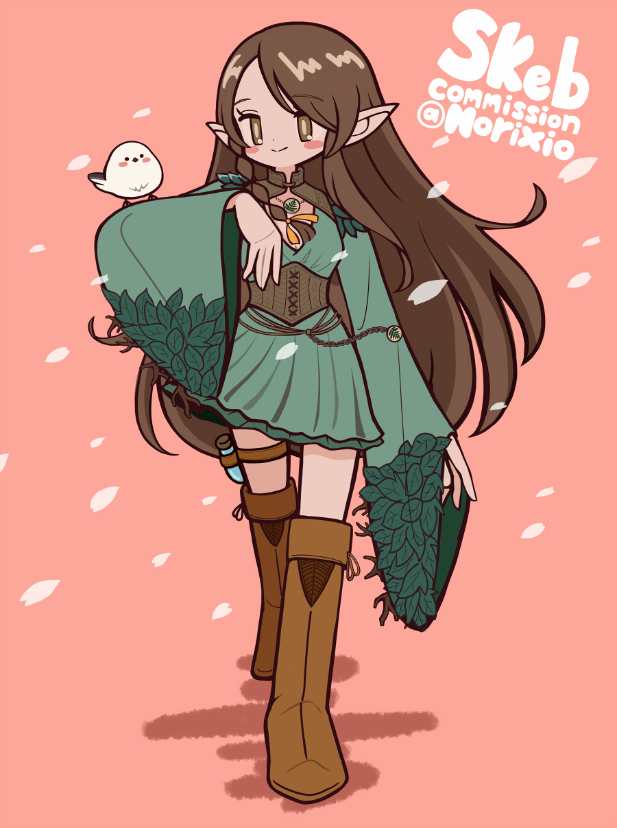 1girl, animal, animal_on_arm, arm_up, armor, artist_name, belt, bird, blush_stickers, boots, braid, brown_belt, brown_boots, brown_corset, brown_hair, cherry_blossoms, commission, corset, dress, elf, facing_viewer, full_body, green_dress, hair_ribbon, highres, leaf, leaf_necklace, leaf_ornament, leaf_print, leather_armor, leather_corset, light_smile, long_hair, long_sleeves, looking_at_animal, norixio, orange_ribbon, original, pink_background, pointy_ears, potion, pouch, ribbon, rope_belt, short_dress, side_braid, single_braid, skeb_commission, smile, solo_focus, thigh_boots, thigh_pouch, thigh_strap, twig, very_long_hair, walking, walking_towards_viewer, white_bird, wide_sleeves