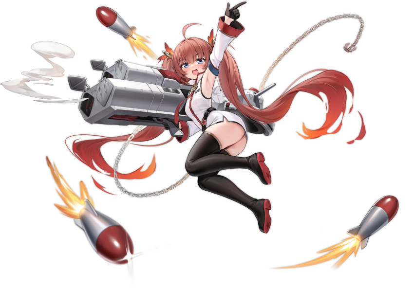 1girl, ahoge, arm_up, armpits, artist_request, ass, azur_lane, bare_shoulders, bird, black_boots, black_gloves, blue_eyes, blush, boots, breasts, cannon, chain, detached_sleeves, dress, explosion, fire, fu_shun_(azur_lane), fu_shun_(retrofit)_(azur_lane), full_body, gloves, gun, hair_ornament, hair_ribbon, half_gloves, highres, holding, holding_weapon, index_finger_raised, long_hair, long_sleeves, necktie, official_art, open_mouth, pointing, red_hair, ribbon, rigging, ship_turret, short_dress, sleeveless, sleeveless_dress, small_breasts, smile, smoke, solo, thigh_boots, thighhighs, thighs, torpedo, torpedo_launcher, transparent_background, twintails, very_long_hair, weapon, white_dress