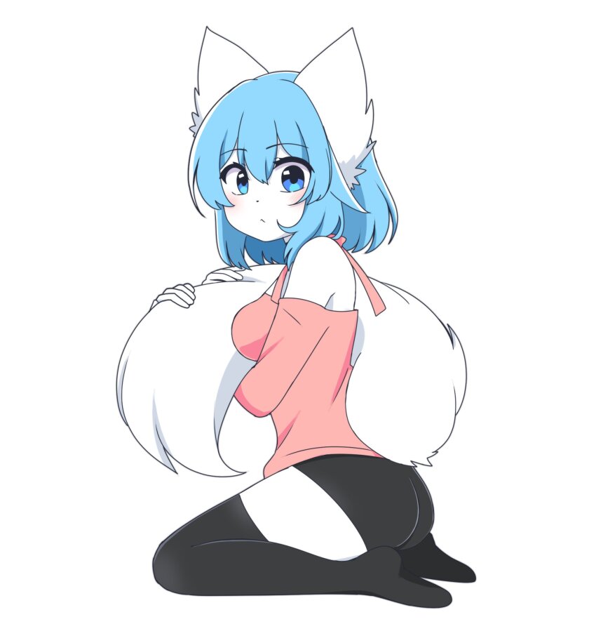 1girl, :<, animal_ears, ass, bare_shoulders, black_panties, black_thighhighs, blue_eyes, blue_hair, blush, bob_cut, breasts, closed_mouth, colored_skin, commentary, dot_nose, english_commentary, full_body, furry, furry_female, hair_between_eyes, hands_up, highres, holding, holding_own_tail, indie_virtual_youtuber, light_blush, long_shirt, long_sleeves, looking_at_viewer, medium_breasts, no_shoes, off-shoulder_shirt, off_shoulder, panties, pink_shirt, seiza, shirt, short_hair, simple_background, sitting, soles, solo, tail, thighhighs, thighs, underwear, virtual_youtuber, white_background, white_fur, wolf_ears, wolf_girl, wolf_tail, wolfychu, wolfychu_(artist)