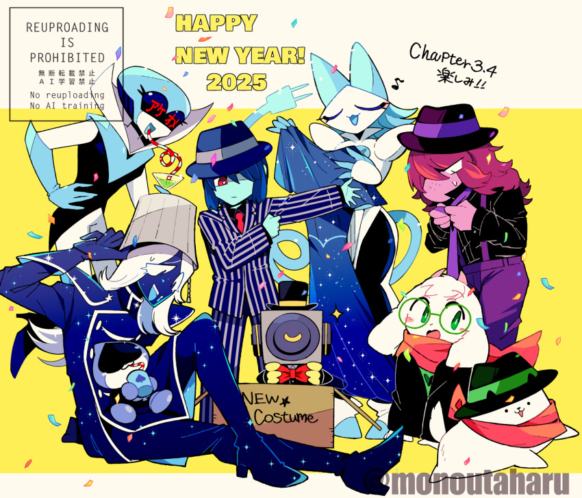 1other, 2025, 3girls, 4boys, :3, :d, adjusting_bowtie, adjusting_clothes