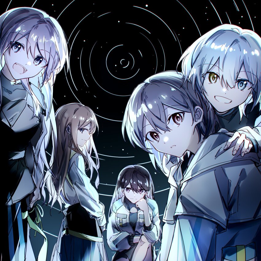 5girls, absurdres, bang_dream!, bang_dream!_it's_mygo!!!!!, black_dress, black_hair, black_shirt, blue_eyes