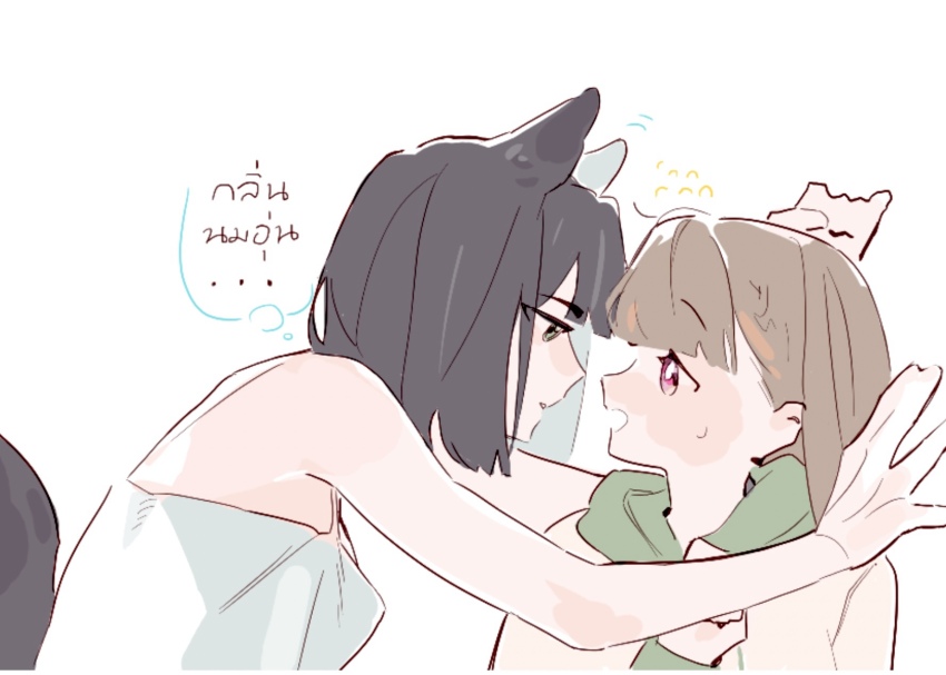 2girls, animal_ears, bare_shoulders, black_hair, blunt_bangs, blunt_ends, blush, bob_cut