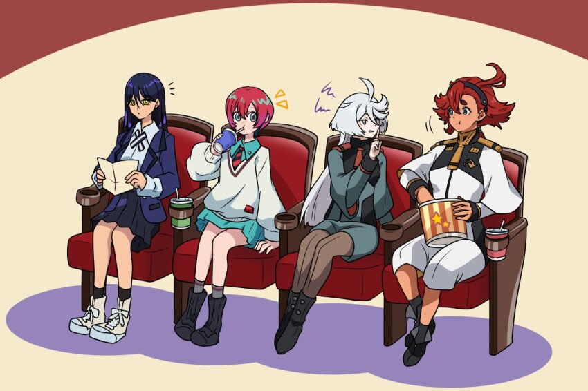 4girls, ahoge, amate_yuzuriha, aqua_eyes, asticassia_school_uniform, black_hairband, commentary, cup, disposable_cup, drinking, drinking_straw, female_focus, finger_to_mouth, food, front-seamed_legwear, green_eyes, green_jacket, green_shorts, grey_eyes, grey_hair, gundam, gundam_gquuuuuux, gundam_suisei_no_majo, hairband, holding, holding_cup, in-franchise_crossover, jacket, long_hair, long_sleeves, low_ponytail, miorine_rembran, movie_theater, multiple_girls, necktie, notice_lines, nyaan_(gundam_gquuuuuux), pamphlet, pantyhose, ponytail, popcorn, red_hair, school_uniform, seamed_legwear, shirt, short_hair, shorts, shoulder_boards, shout_lines, shushing, sitting, skirt, suletta_mercury, sweater, takanabeasami, theater_seating, thick_eyebrows, white_shorts
