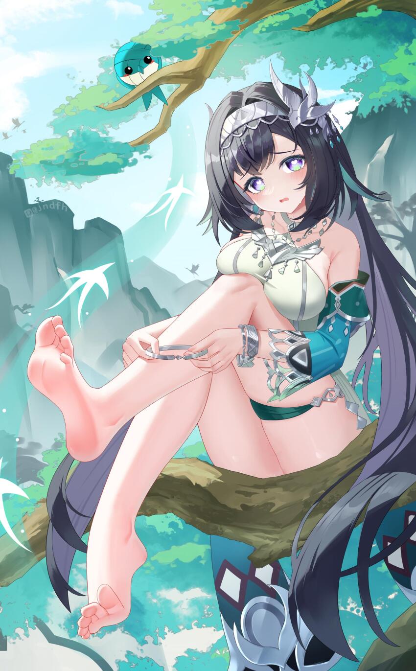 1girl, absurdres, aqua_bird, aqua_sleeves, bare_shoulders, barefoot, bird, bird_hair_ornament, black_hair, blush, breasts, chinese_commentary, collarbone, commentary_request, day, detached_sleeves, feet, fingernails, foot_focus, genshin_impact, hair_between_eyes, hair_ornament, hairband, heart, heart-shaped_pupils, highres, holding, in_tree, jndfh, lan_yan_(genshin_impact), large_breasts, large_variant_set, long_hair, looking_at_viewer, open_mouth, outdoors, peanut_mouth, pixiv_logo, pixiv_username, purple_eyes, sitting, sitting_in_tree, sitting_on_branch, soles, solo, symbol-shaped_pupils, toes, tree, variant_set, very_long_hair, white_hairband