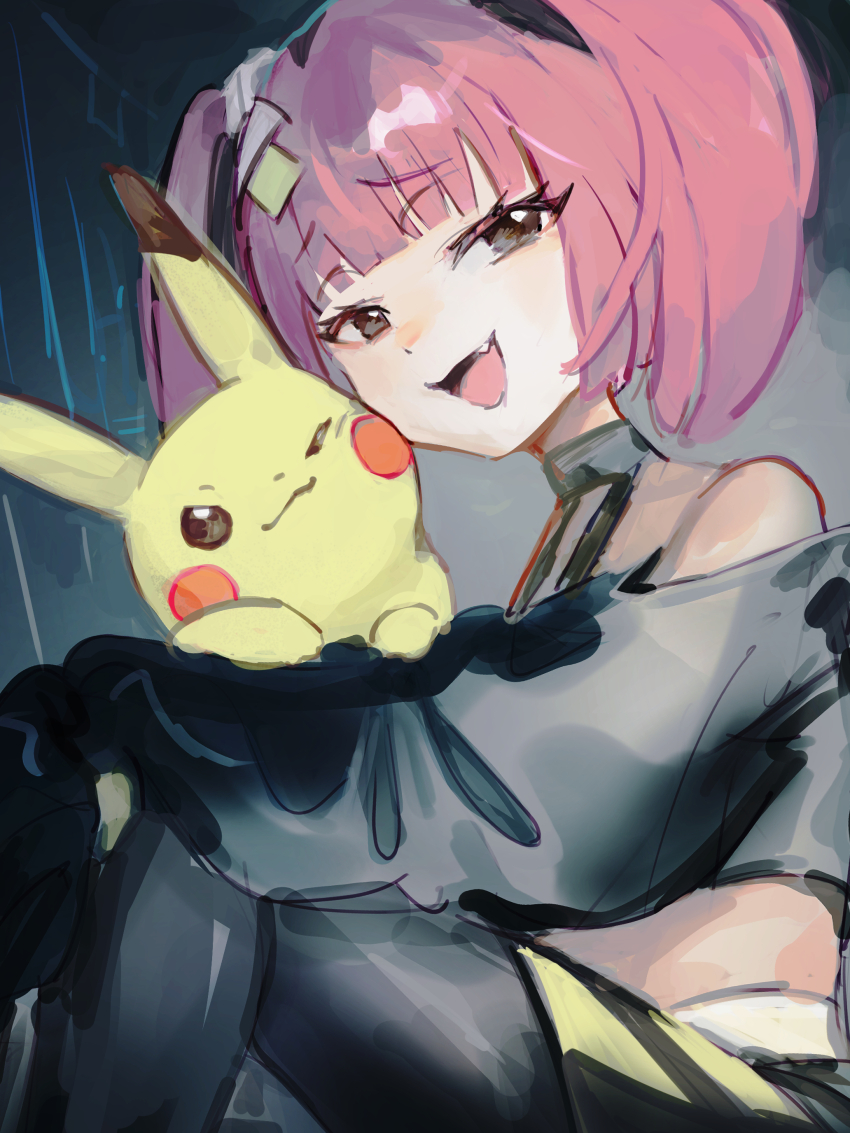 1girl, absurdres, bandaid, bandaid_hair_ornament, bare_shoulders, black_eyes, black_pantyhose, blunt_bangs, coral_(pokemon), eyelashes, fang, gen_1_pokemon, hair_ornament, highres, long_sleeves, looking_at_viewer, maumaujanken, nintendo, one_eye_closed, open_mouth, pantyhose, pikachu, pink_hair, pokemon, pokemon_(anime), pokemon_(creature), pokemon_horizons, short_twintails, simple_background, twintails, voice_actor_connection