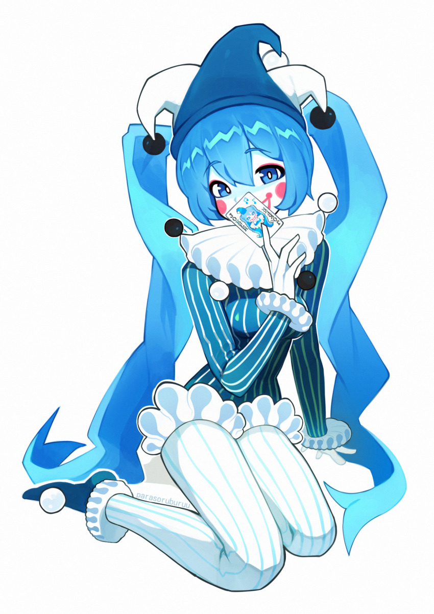 1girl, absurdly_long_hair, alternate_costume, artist_name, balatro, blue_eyes, blue_hat, blue_theme, blush_stickers, bright_pupils, card, colored_skin, commentary, cosplay, facepaint, hat, hatsune_miku, highres, holding, holding_card, jester, jester_cap, jimbo_(balatro), jimbo_(balatro)_(cosplay), joker_(playing_card), kneeling, long_hair, looking_at_viewer, multiple_tails, neck_ruff, parasoru_buruu, playing_card, simple_background, solo, striped_clothes, tail, twintails, vertical-striped_clothes, very_long_hair, vocaloid, white_background, white_pupils, white_skin