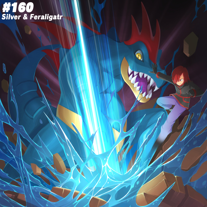 1boy, absurdres, black_gloves, black_jacket, character_name, debris, feraligatr, gen_2_pokemon, gloves, grey_pants, hair_over_one_eye, highres, jacket, male_focus, motion_blur, nintendo, open_mouth, pants, pokedex_number, pokemon, pokemon_(creature), pokemon_adventures, poppinmonkey, sharp_teeth, short_hair, slit_pupils, teeth, water, yellow_eyes