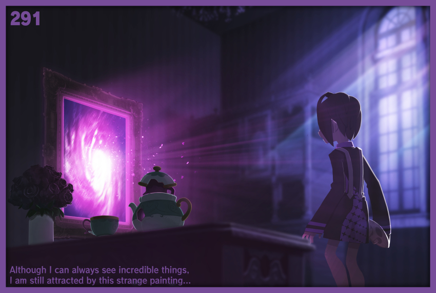 1boy, allister_(pokemon), black_hair, border, commentary_request, english_text, flower, from_behind