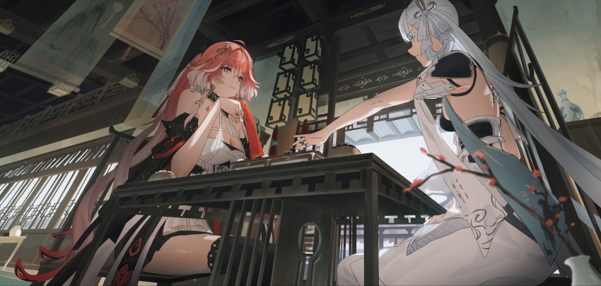 2girls, absurdres, bare_arms, bare_back, bare_legs, bare_shoulders, black_footwear, board_game