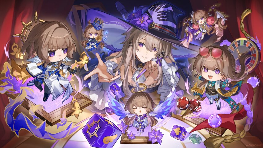 6+girls, absurdres, aventurine_(honkai:_star_rail), aventurine_(honkai:_star_rail)_(cosplay), black_jacket, black_shorts, breasts, brown_hair