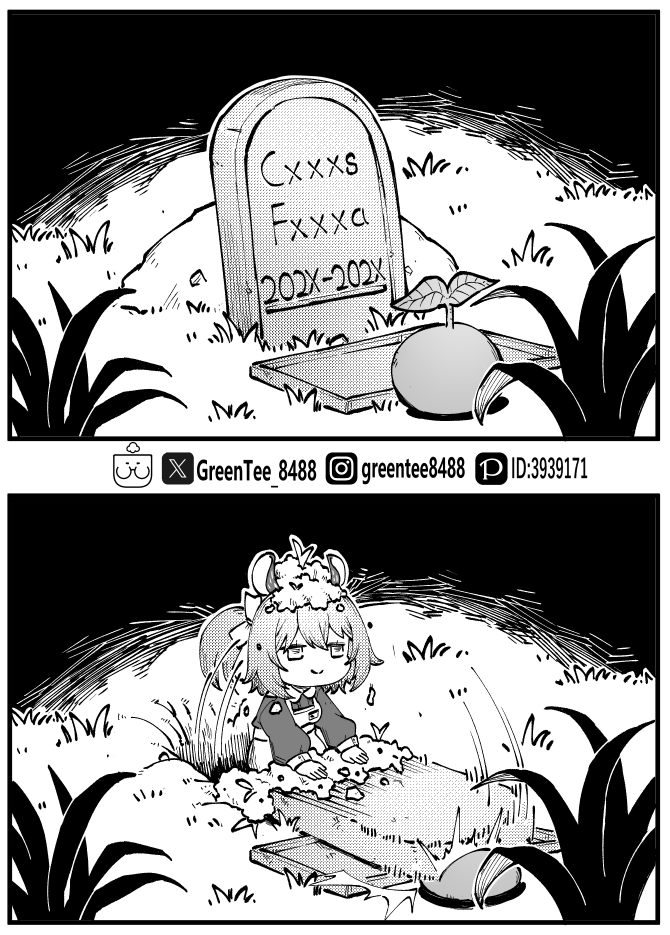 1girl, chibi, collared_dress, commentary, dirt, dress, english_commentary, english_text, grave, greyscale, hat, indie_virtual_youtuber, medium_hair, meme, monochrome, nimi_nightmare, nurse_cap, one_side_up, redaction, resurrection, sapling_(ceres_fauna), smile, tapir, tapir_girl, tombstone, virtual_youtuber, voice_actor_connection, zetsuental