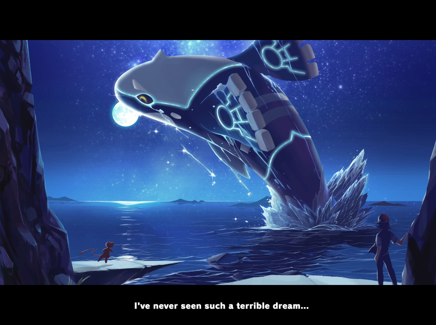 1boy, absurdres, ash_ketchum, english_text, full_moon, gen_1_pokemon, gen_3_pokemon, hat