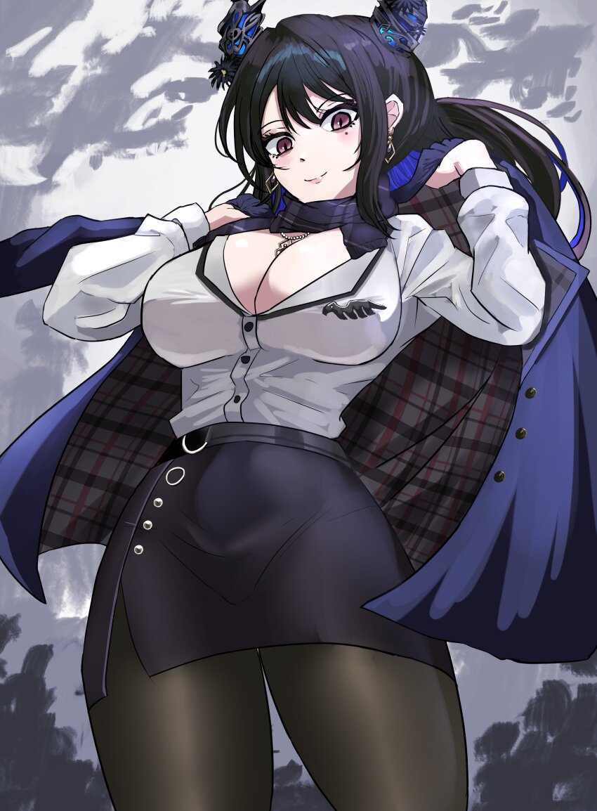 1girl, absurdres, asymmetrical_horns, black_hair, black_scarf, blue_hair, breasts, cleavage