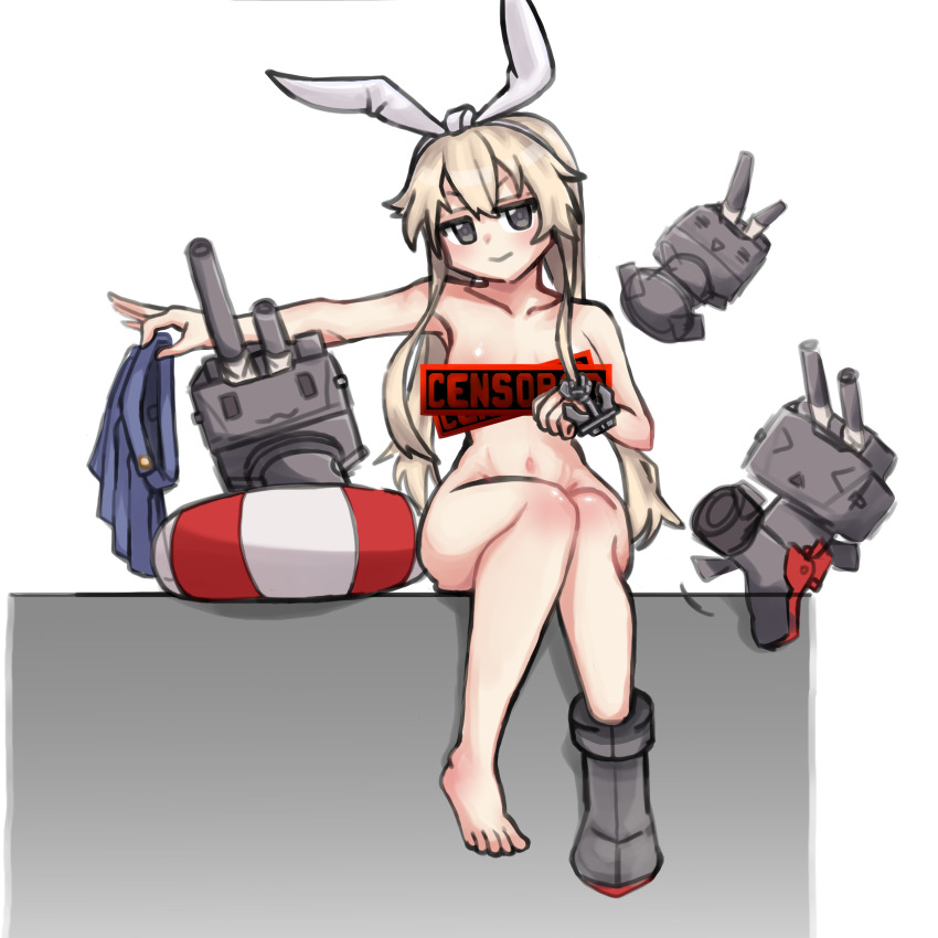 1girl, absurdres, anchor_hair_ornament, animal_ears, bar_censor, blonde_hair, blue_skirt, boots, censored, closed_mouth, full_body, grey_background, grey_boots, hair_ornament, highres, kantai_collection, long_hair, looking_at_viewer, microskirt, navel, nude, pleated_skirt, rabbit_ears, rensouhou-chan, rice0892, shimakaze_(kancolle), simple_background, sitting, skirt, smile, solo, toes, yellow_eyes