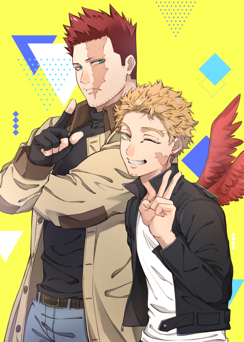2boys, black_jacket, blue_eyes, blue_pants, boku_no_hero_academia, brown_coat, coat, denim