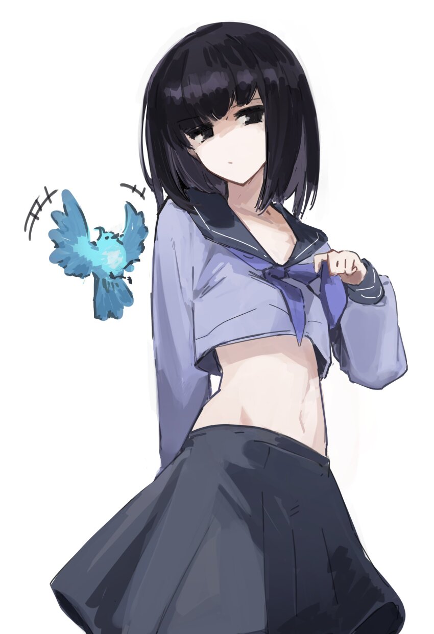+++, 1girl, absurdres, arm_behind_back, averting_eyes, bird, black_eyes, black_hair, black_skirt, blue_bird, blue_sailor_collar, closed_mouth, collar_tug, commentary, cosplay, english_commentary, highres, jonyeld, kuonji_alice, looking_to_the_side, lost_robin_rondo, mahou_tsukai_no_yoru, medium_hair, midriff, navel, sailor_collar, sailor_shirt, shirt, simple_background, skirt, standing, tohno_akiha, toono_akiha_(cosplay), tsukihime, tsukihime_(remake), white_background