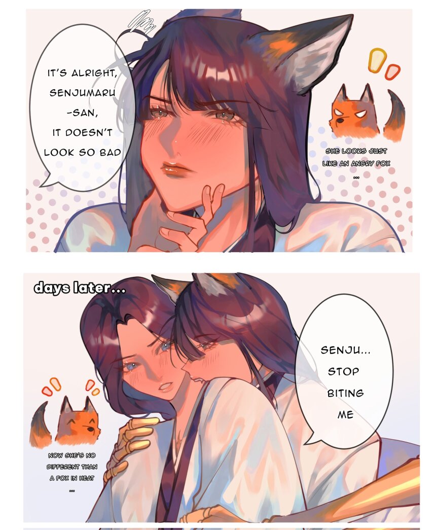 2girls, animal_ears, biting, black_hair, bleach, bleach:_sennen_kessen-hen, blue_eyes, blush, closed_mouth, commentary, corrupted_twitter_file, dlovesespresso, english_commentary, english_text, fox, fox_ears, grey_eyes, hand_on_another's_face, hand_on_another's_shoulder, highres, japanese_clothes, kemonomimi_mode, kimono, multiple_girls, neck_biting, red_lips, shutara_senjumaru, speech_bubble, unohana_retsu, white_kimono, yuri