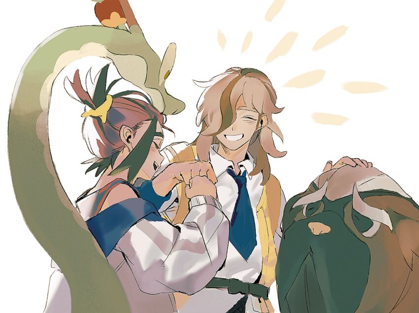 2boys, arven_(pokemon), black_hair, blue_necktie, blush, closed_eyes, collared_shirt, fist_bump, grey_hair, grin, hair_over_one_eye, hydrapple, jacket, kieran_(pokemon), long_sleeves, mabosstiff, male_focus, multicolored_hair, multiple_boys, necktie, nintendo, open_mouth, pokemon, pokemon_(creature), pokemon_scarlet_and_violet, purple_hair, shirt, simple_background, smile, ss_un17, vest, white_background, white_jacket, white_shirt, yellow_vest