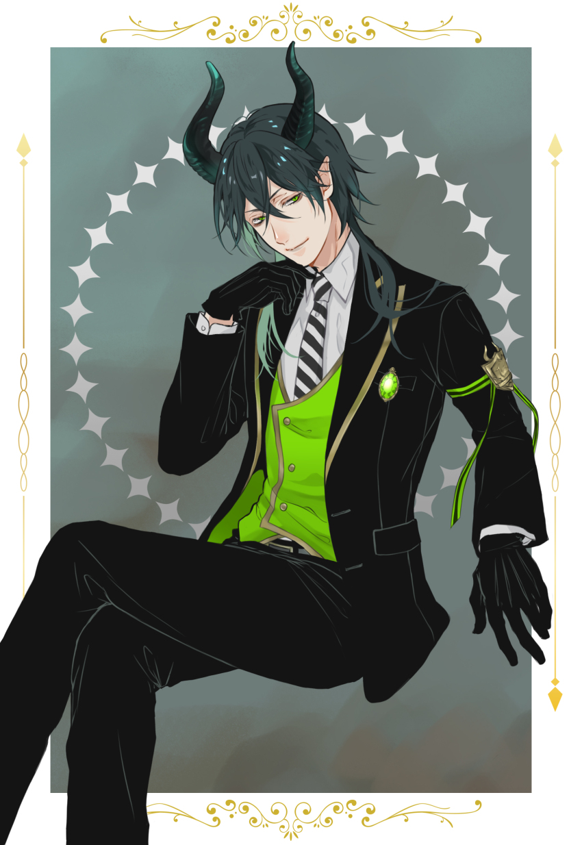 1boy, absurdres, black_gloves, black_hair, black_pants, border, closed_mouth, collared_shirt