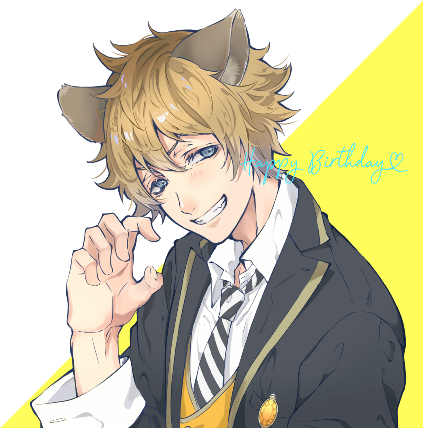 1boy, black_jacket, brown_hair, claw_pose, collared_shirt, commentary_request, eyelashes, grey_eyes