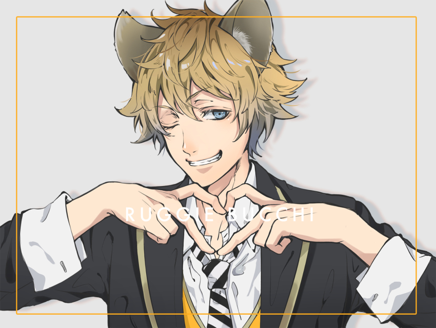 1boy, animal_ear_fluff, black_jacket, character_name, collared_shirt, grey_background, grin, hair_between_eyes