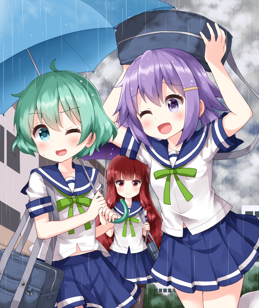 3girls, ;d, ahoge, bag, bag_on_head, black_pantyhose, blue_eyes, blue_sailor_collar