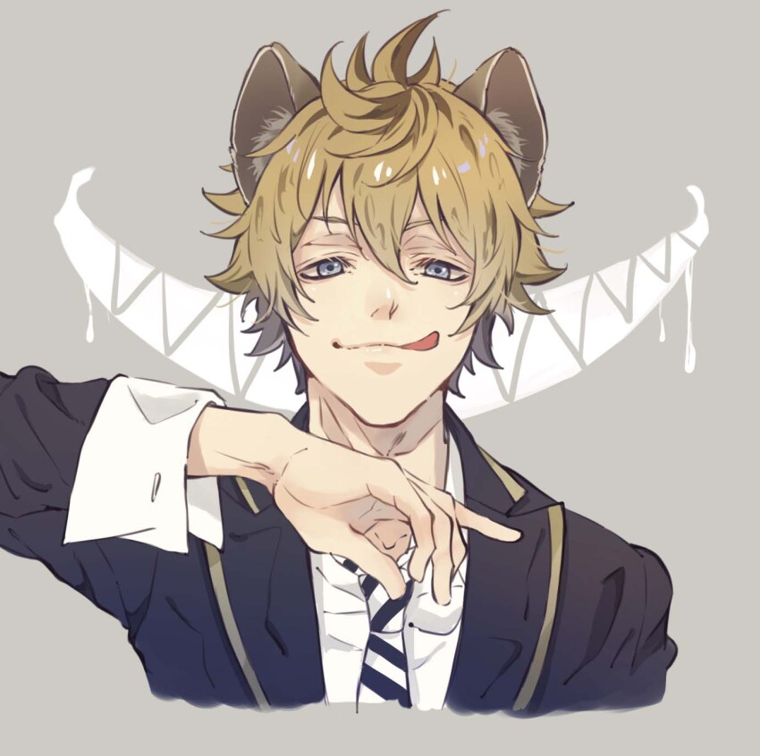 1boy, collared_shirt, cropped_torso, grey_background, hair_between_eyes, highres, hyena_boy, hyena_ears