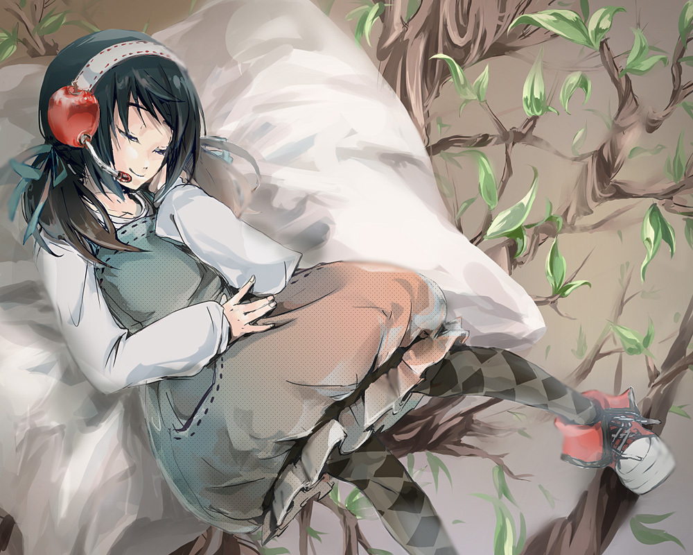 1girl, argyle_clothes, argyle_pantyhose, black_hair, dress, female_focus, gyorui_(toura_minato), hand_in_own_hair, headphones, headset, in_tree, kaai_yuki, pantyhose, pinafore_dress, plant, plus7, pocket, print_pantyhose, red_shoes, shoes, sleeveless, sleeveless_dress, smile, solo, tree, twintails, vocaloid