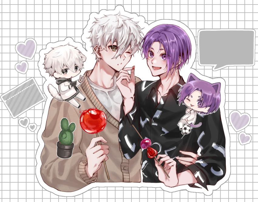 2boys, ball, black_shirt, blue_lock, brown_cardigan, cactus, cardigan, chibi