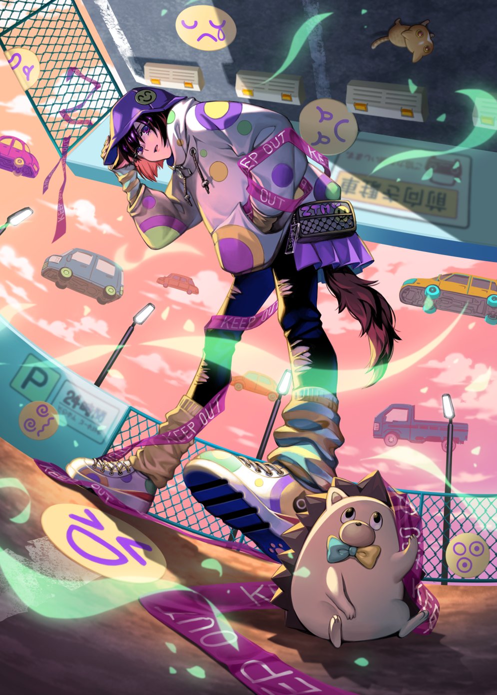 1boy, 1girl, animal_ears, baseball_cap, black_hair, black_pants, blue_bow, blue_bowtie