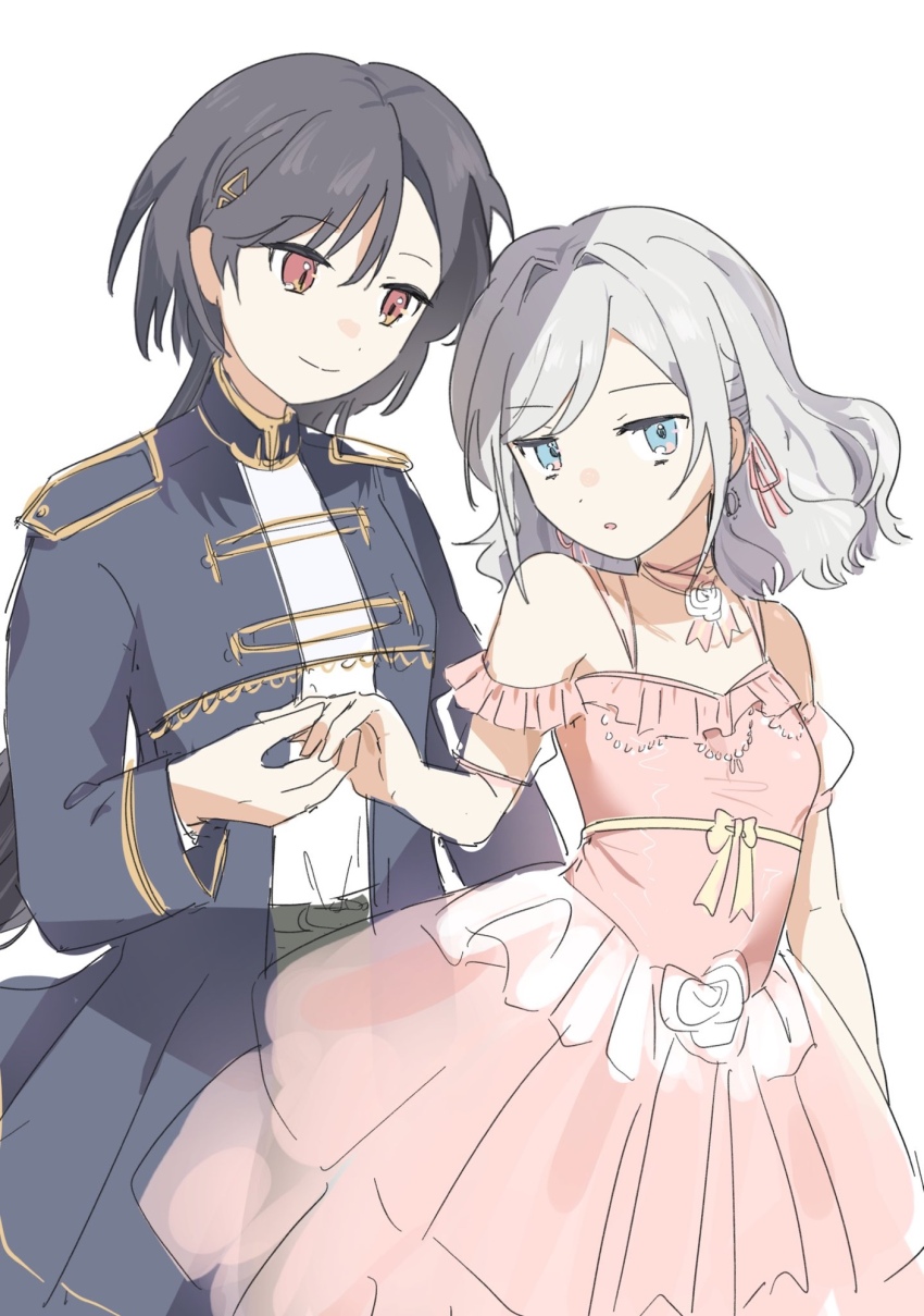 2girls, :o, alternate_costume, bare_shoulders, black_jacket, black_skirt, blue_eyes, churhami