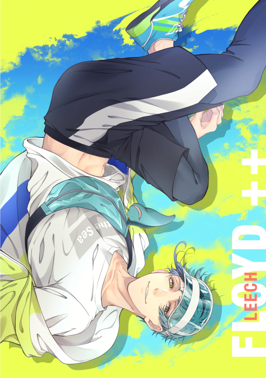 1boy, black_shorts, blue_hair, floyd_leech, floyd_leech_(outdoor_wear), grin, highres, jacket