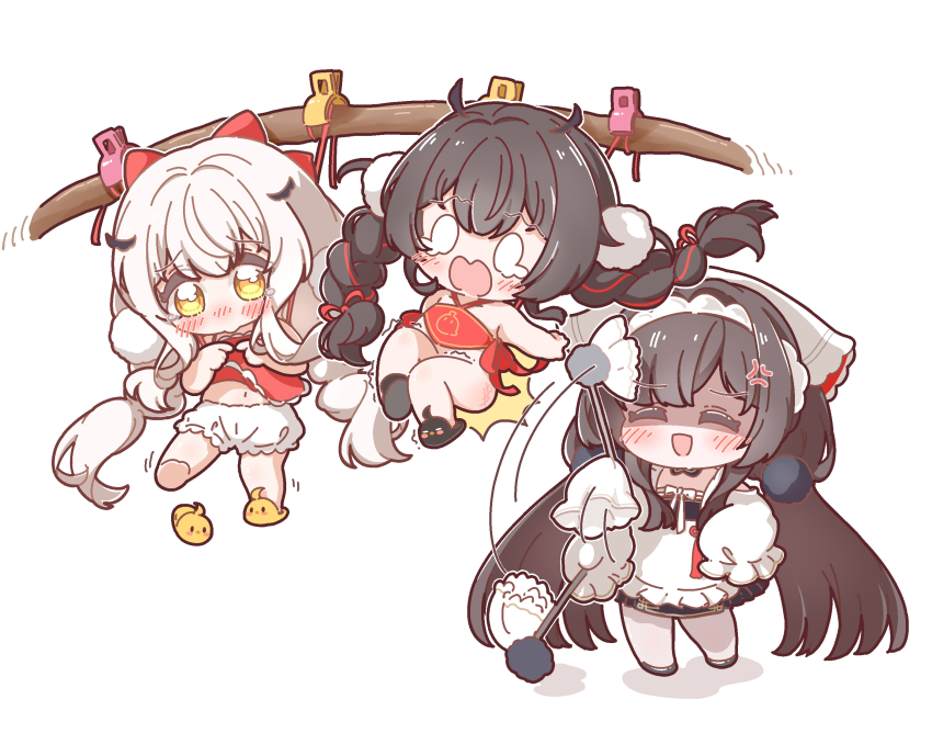 3girls, :d, anger_vein, animal_slippers, azur_lane, black_hair, chang_feng_(azur_lane), chang_feng_(cozy_spring_cleaning)_(azur_lane)