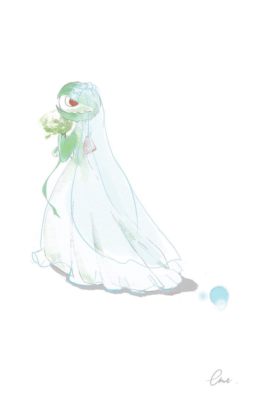 1girl, artist_name, blue_dress, blue_veil, bob_cut, bouquet, bridal_veil, bride, clothed_pokemon, colored_skin, dress, eme_ko, female_focus, flower, from_behind, full_body, gardevoir, gen_3_pokemon, green_flower, green_hair, green_ribbon, green_skin, hands_up, highres, holding, holding_bouquet, looking_back, multicolored_skin, nintendo, own_hands_together, pokemon, pokemon_(creature), red_eyes, ribbon, see-through_clothes, see-through_dress, see-through_veil, short_hair, signature, simple_background, solo, standing, two-tone_skin, veil, wedding_dress, white_background, white_skin
