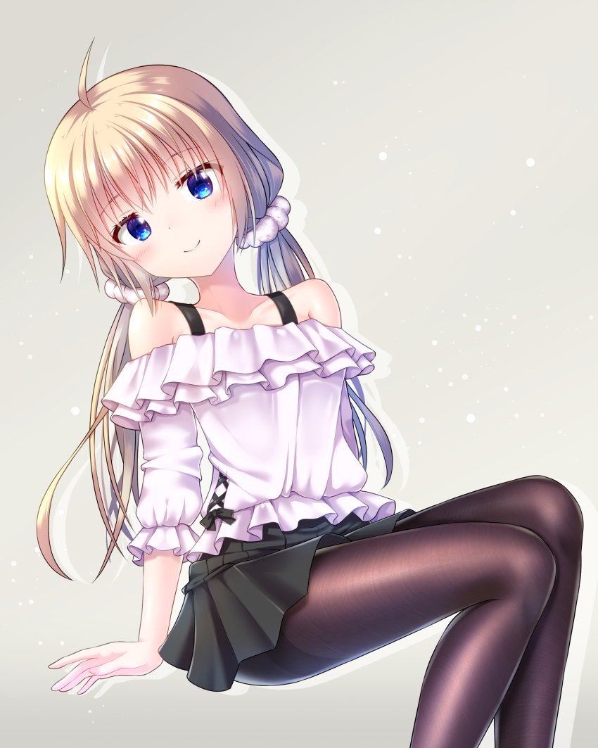 1girl, absurdres, ahoge, bare_shoulders, black_pantyhose, black_skirt, blonde_hair, blue_eyes