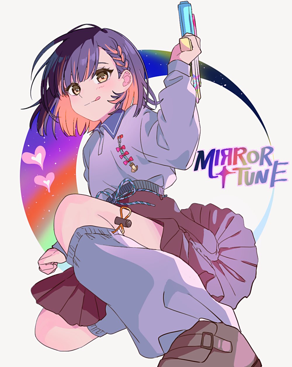 1girl, :q, brown_eyes, brown_footwear, brown_skirt, collared_shirt, colored_inner_hair, cute_weapon