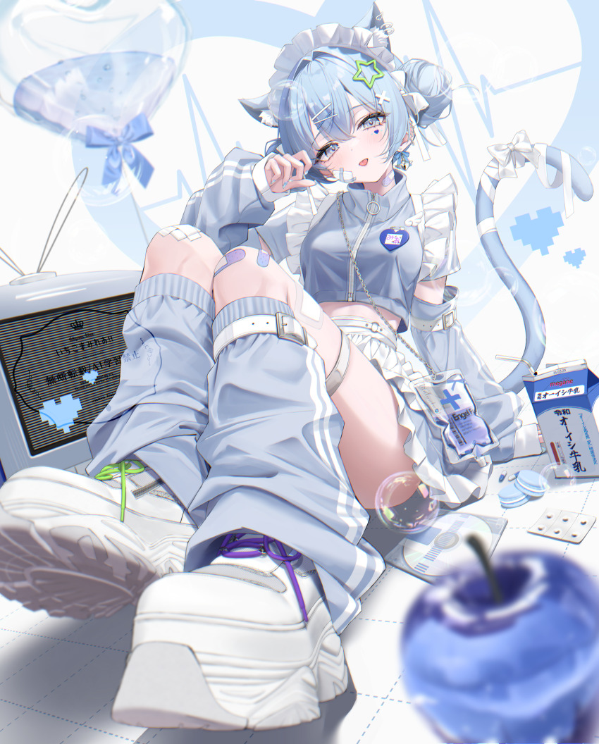 1girl, absurdres, animal_ears, apple, apron, bandaid, belt, belt_buckle