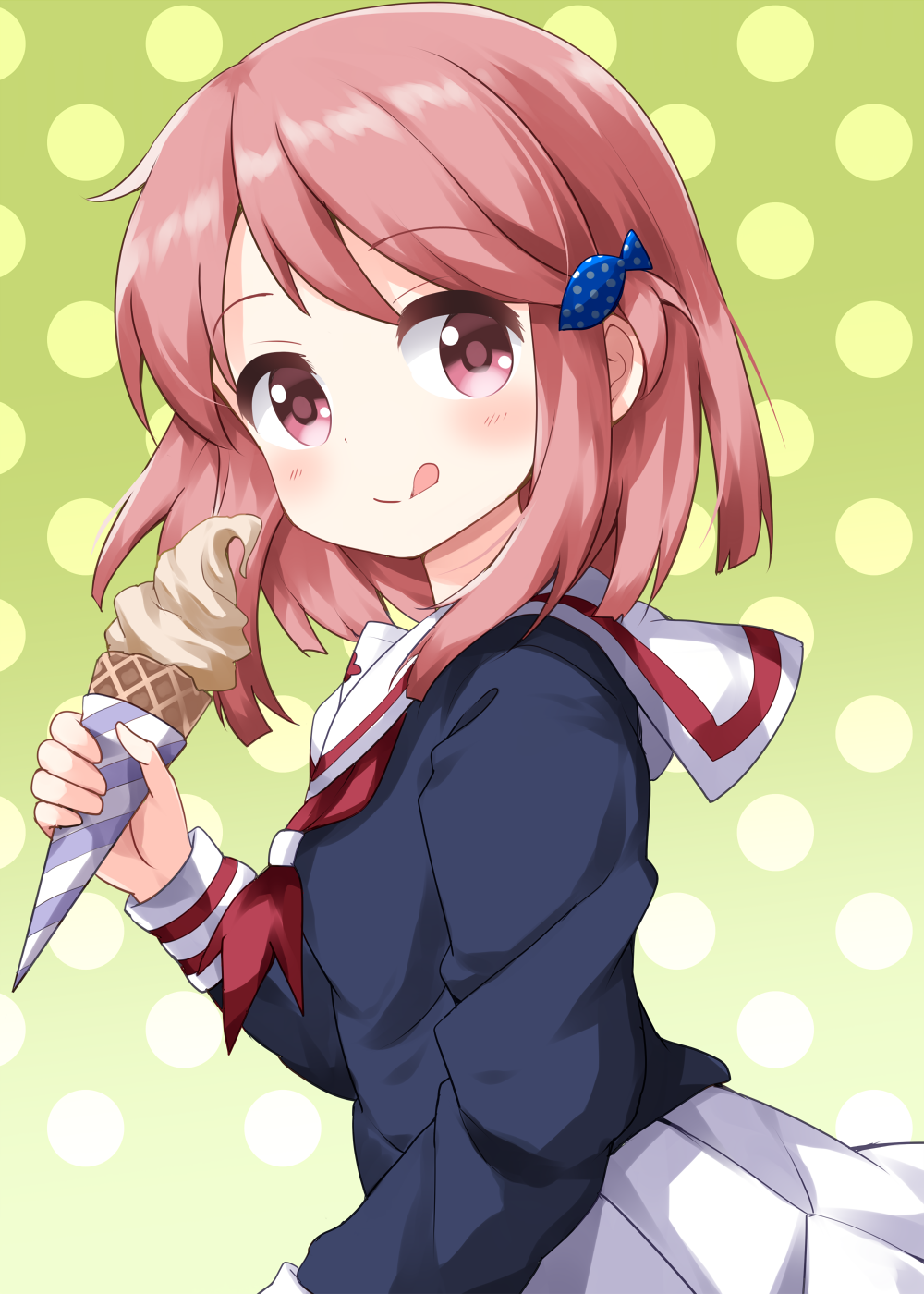 1girl, :q, blue_shirt, blue_skirt, blunt_ends, blush, closed_mouth, commentary_request