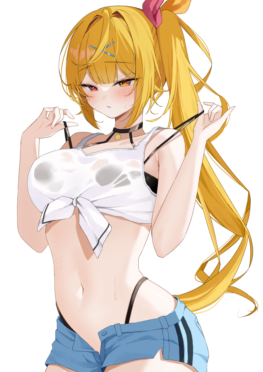 1girl, absurdres, adjusting_strap, black_choker, blonde_hair, blue_shorts, blush, breasts, chinese_commentary, choker, commentary, cowboy_shot, crop_top, denim, denim_shorts, dot_nose, front-tie_top, hair_ornament, hair_ribbon, heterochromia, highleg, highleg_panties, highres, hoshikawa_sara, hoshikawa_sara_(1st_costume), long_hair, looking_at_viewer, medium_breasts, moku_yoi, navel, nijisanji, panties, panty_straps, red_eyes, ribbon, shirt, short_shorts, shorts, side_ponytail, simple_background, solo, sweat, tank_top, tied_shirt, underwear, virtual_youtuber, white_background, white_tank_top, x_hair_ornament, yellow_eyes