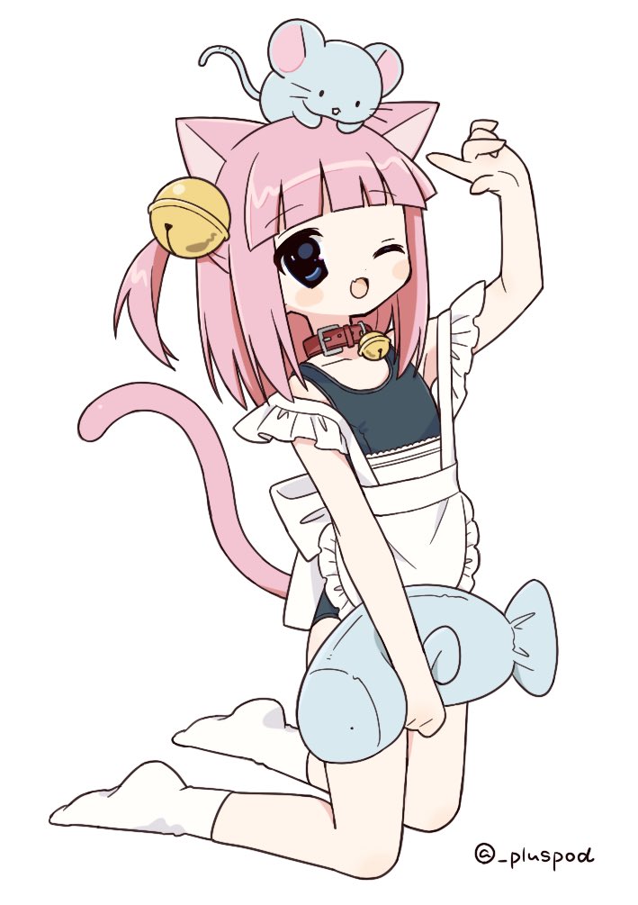 2000s_(style), animal_ears, apron, bell, blunt_bangs, cat_ears, cat_girl, cat_tail