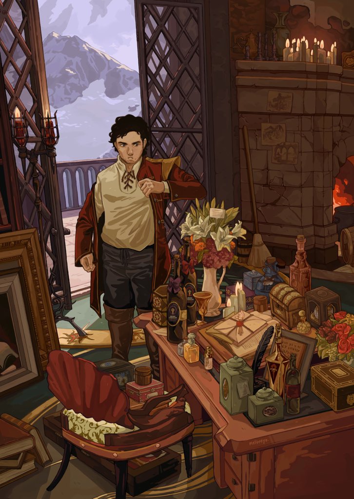 1boy, alcohol, armchair, balcony, black_hair, black_pants, book, book_stack