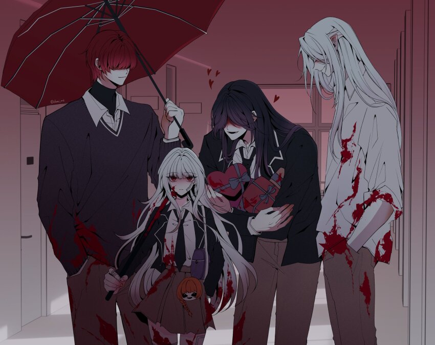 1girl, 3boys, alternate_universe, black_hair, black_jacket, blood, blood_in_hair, blood_on_clothes