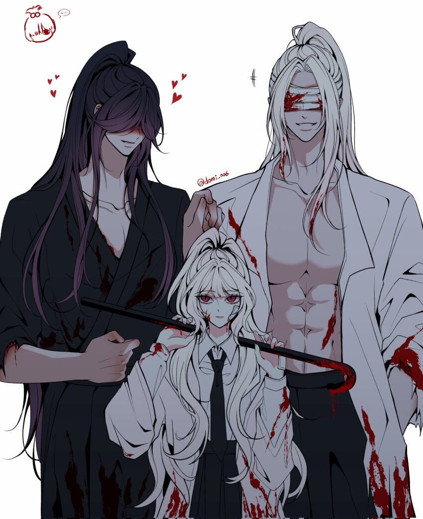 1girl, 3boys, alternate_hairstyle, bandages, bandages_over_eyes, black_hair, black_kimono, blood