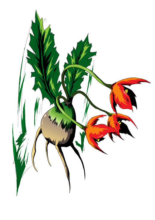 1990s_(style), full_body, leaf, monster, monster_farm, motion_lines, no_humans, plant, plant_(monster_farm), plant_roots, retro_artstyle, shi_yusu, shiyusu_(artist), simple_background, solo, speed_lines, white_background