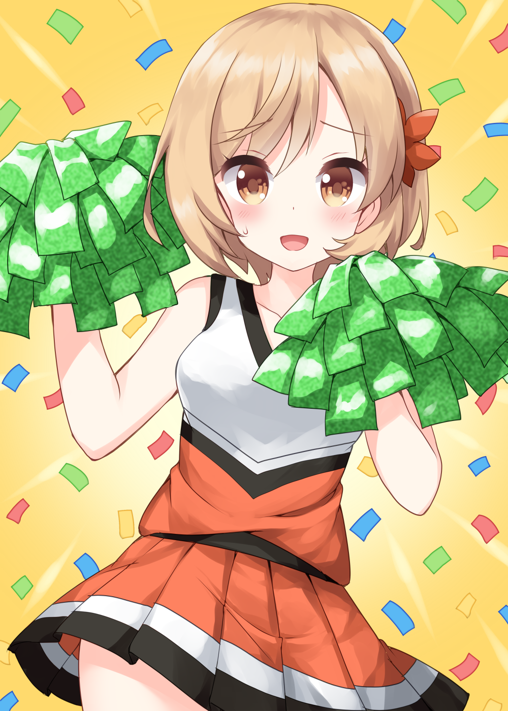 1girl, :d, akitsune_kon, anima_yell!, bare_arms, black_skirt, blonde_hair, blush