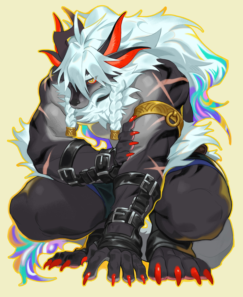 1boy, braid, claws, commentary, cross_scar, dislyte, english_commentary, furry, furry_male, highres, horns, male_focus, multiple_animal_ears, multiple_scars, muscular, muscular_male, neilos, scar, scar_on_arm, scar_on_shoulder, single_horn, squatting, sui_zai_(beast_nian)_(dislyte), topless_male