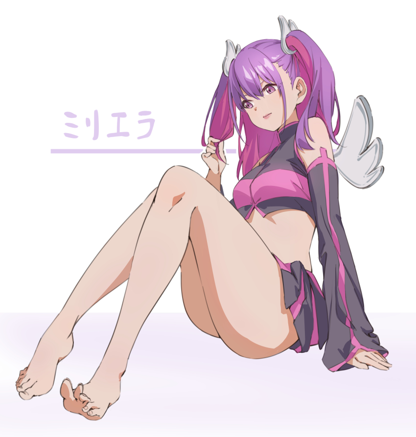 1girl, 2.5_jigen_no_ririsa, absurdres, arm_support, bare_shoulders, barefoot, belt, black_skirt