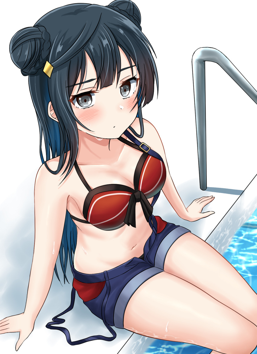 1girl, bikini, black_hair, blue_shorts, braid, breasts, bun_with_braided_base, cleavage