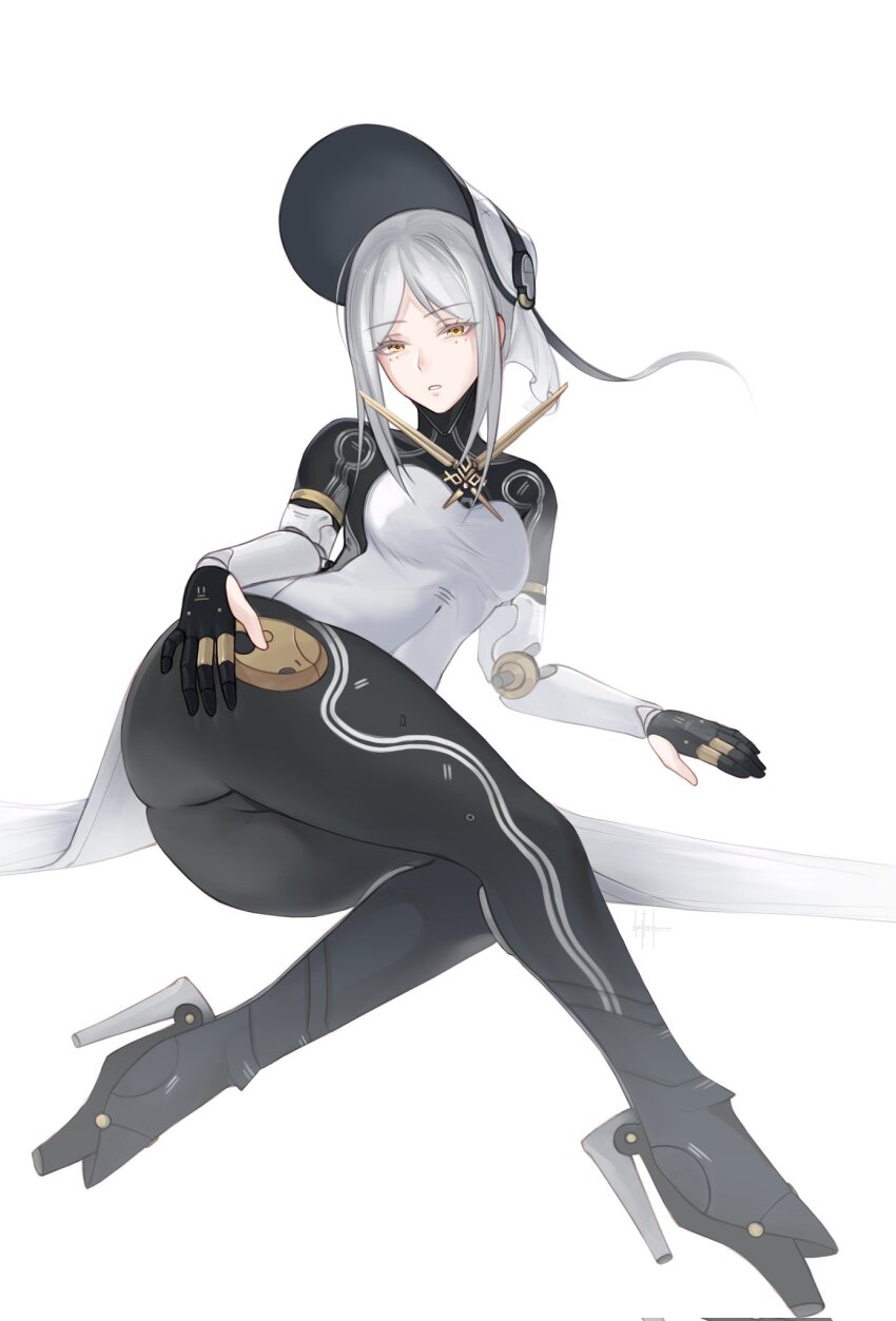 1girl, android, ass, bodysuit, bonnet, deltasonne, haicma:_starveil_(pgr), haicma_(pgr), highres, joints, looking_at_viewer, mechanical_arms, mechanical_legs, mole, parted_lips, punishing:_gray_raven, robot_joints, solo, white_background, white_bodysuit, white_bonnet, white_hair, yellow_eyes