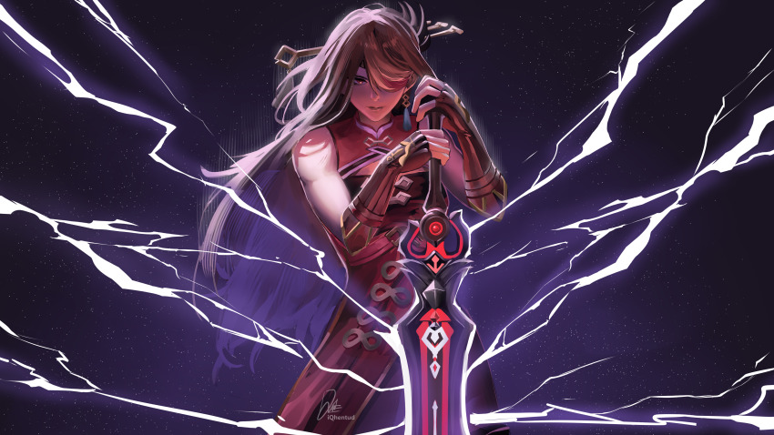 1girl, absurdres, bare_shoulders, beidou_(genshin_impact), black_gloves, blackcliff_slasher_(genshin_impact), brown_hair, china_dress